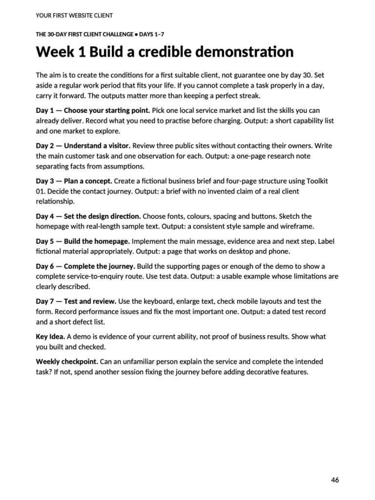 A page from the 30-Day First Client Challenge